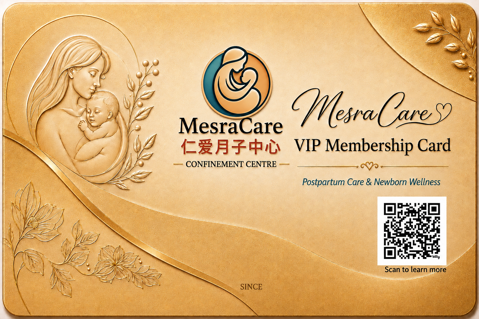 MesraCare VIP Membership Card with mother and baby illustration, membership details and QR code
